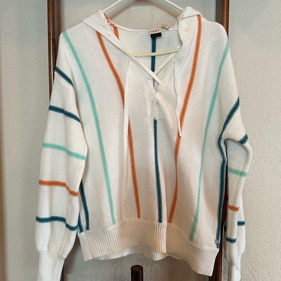 ROXY Summer hooded sweater. White with pretty stripes & lace-up front opening. - Picture 2 of 7